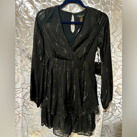 Little Black Dress with Metallic Threads Sheer Sleeves and ruffles - Picture 1 of 4